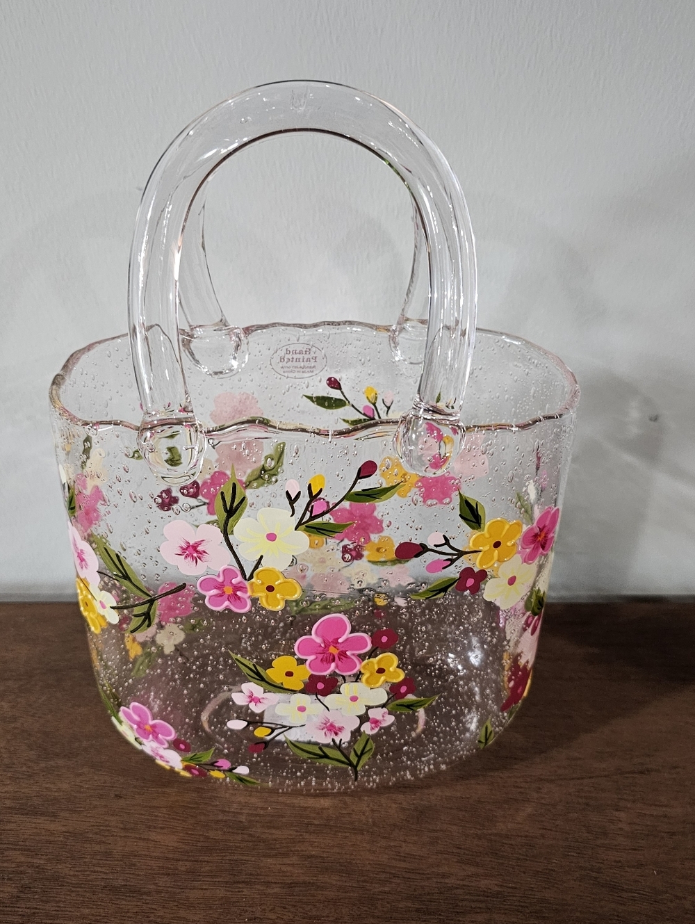 Hand Painted Glass Handbag Vase Clear Floral Design
